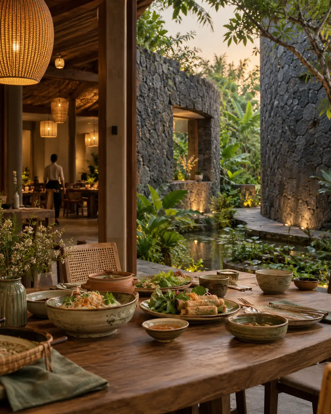 Bàn tiệc Việt trong không gian đá và sân vườn
